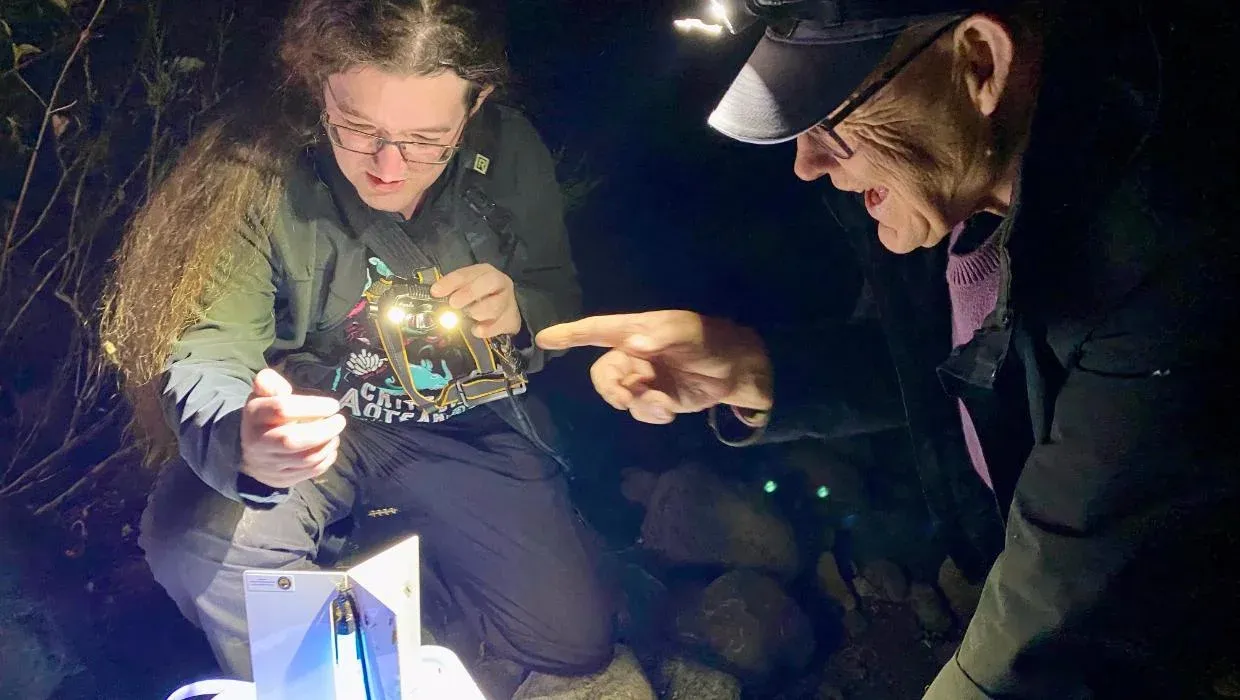 Rudd Kleinpaste pointing his finger at a moth trap with Christopher Stephens